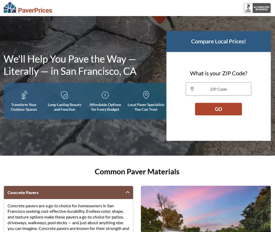 PaverPrices landing page